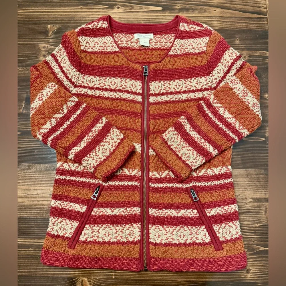 Lucky Brand Fair Isle Zip Up Cardigan Sweater with 3/4 Length Sleeves
